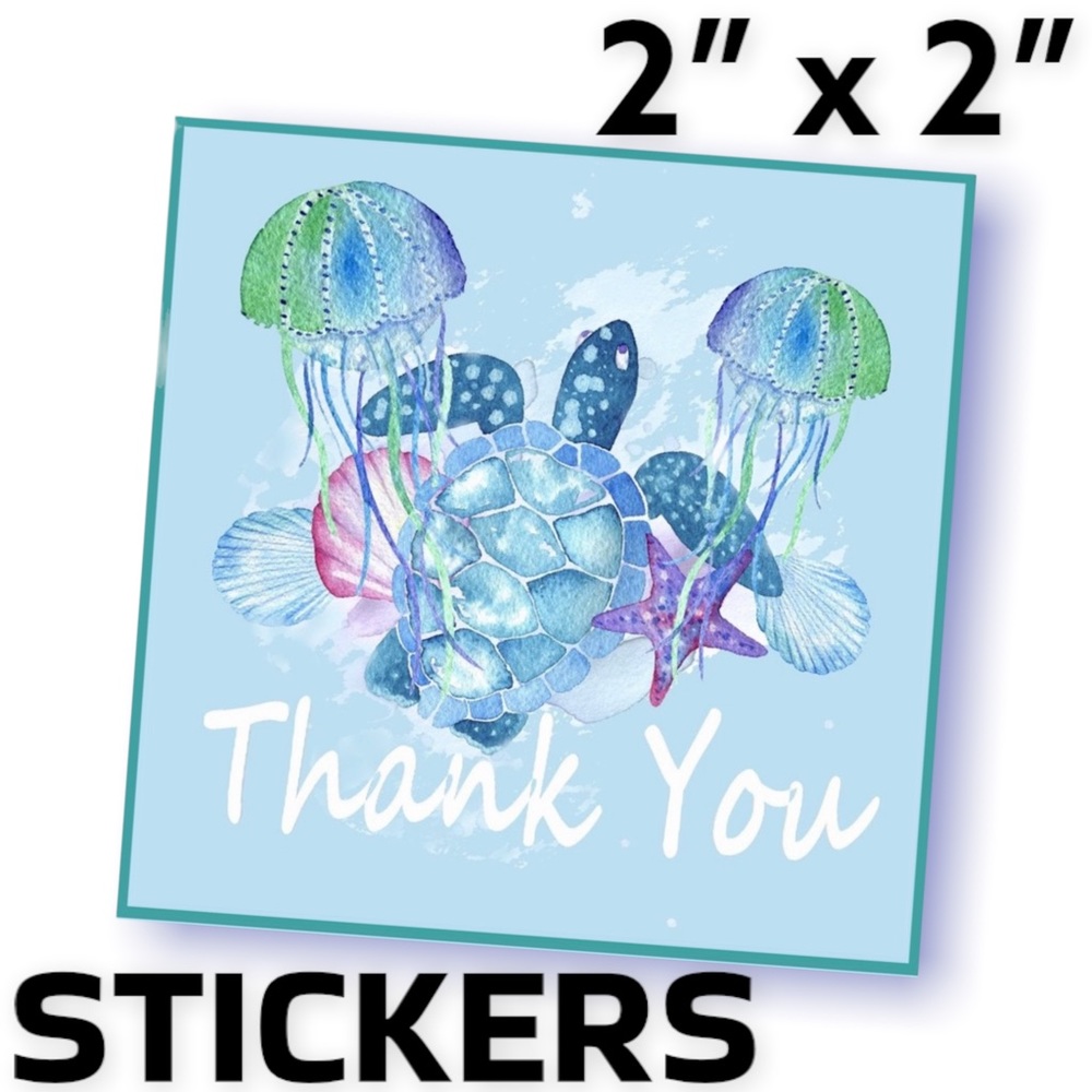 200 (2x2 Inch) Square Stickers, Sea Turtle & Jellyfish High Gloss, Thank… - Picture 1 of 3
